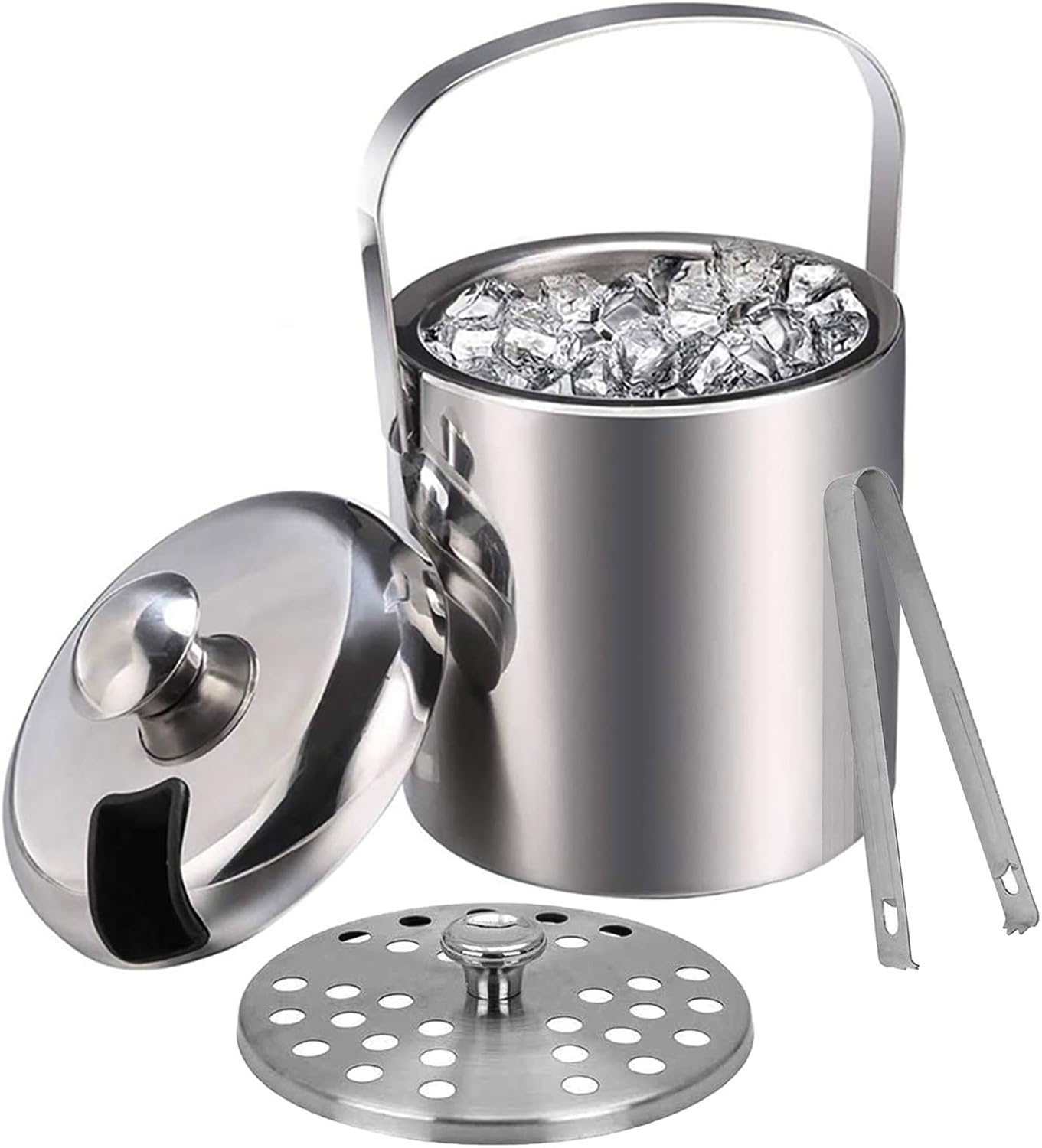 1.3L Ice Bucket Double Walled Stainless Steel with Lid Tong Strainer