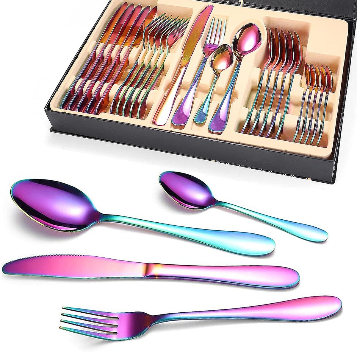 24 Piece Stainless Steel Colorful Cutlery Set for 6 People, Dishwasher Safe