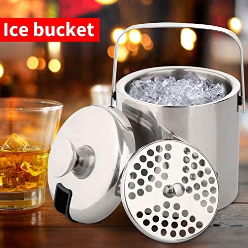 3L Ice Bucket Double Walled Stainless Steel with Lid Tong Strainer 3