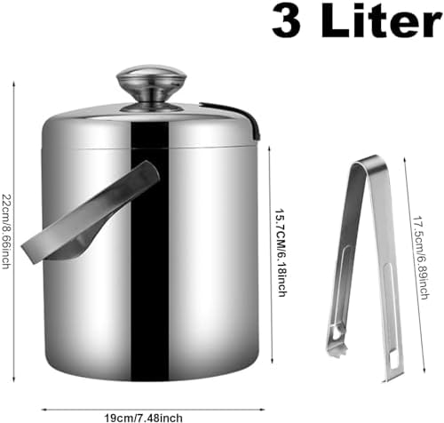 3L Ice Bucket Double Walled Stainless Steel with Lid Tong Strainer 5