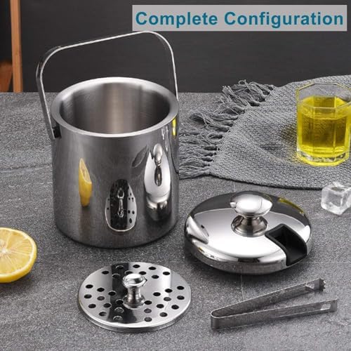 2.2L Ice Bucket Double Walled Stainless Steel with Lid Tong Strainer 3