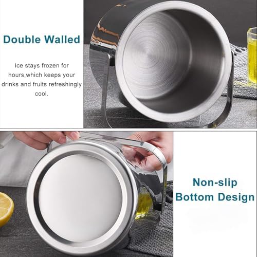 2.2L Ice Bucket Double Walled Stainless Steel with Lid Tong Strainer 4