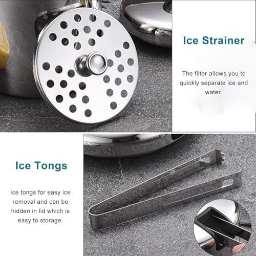 2.2L Ice Bucket Double Walled Stainless Steel with Lid Tong Strainer 5