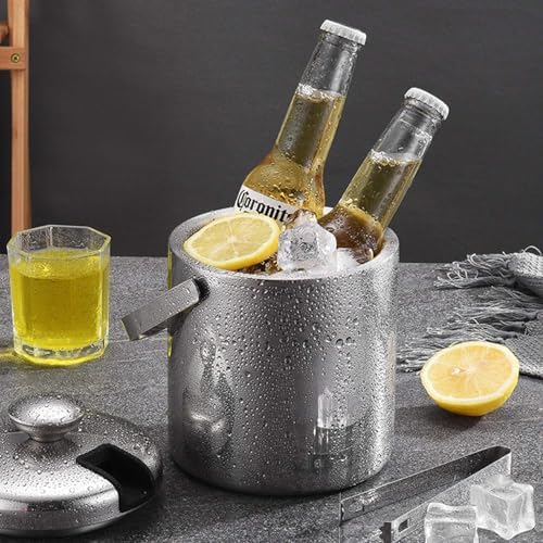 2.2L Ice Bucket Double Walled Stainless Steel with Lid Tong Strainer 6