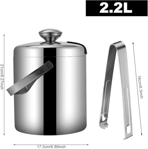 2.2L Ice Bucket Double Walled Stainless Steel with Lid Tong Strainer 7
