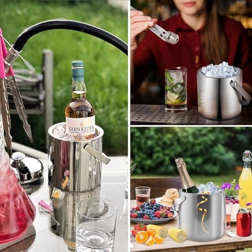 2.2L Ice Bucket Double Walled Stainless Steel with Lid Tong Strainer 8